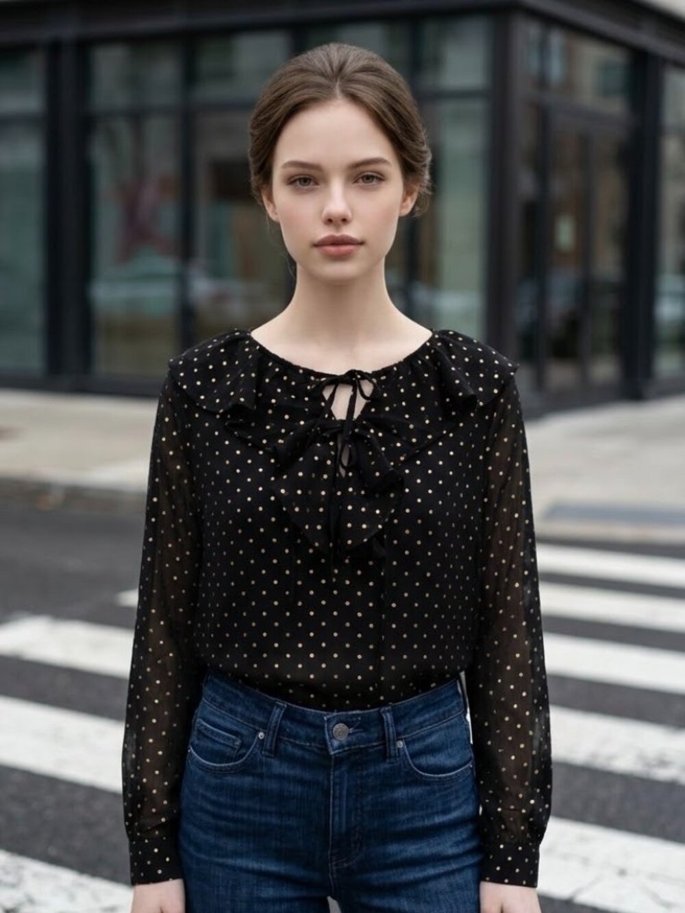NWT J.Crew Black Gold Polka Dot Ruffle Tie Neck Blouse S